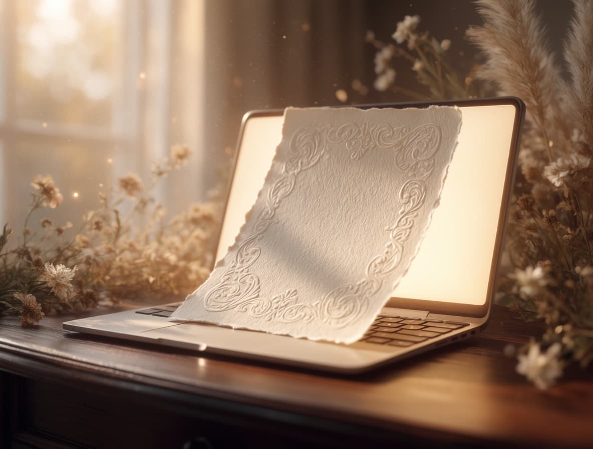A letterpressed note leaning against a warmly glowing laptop on a wooden desk