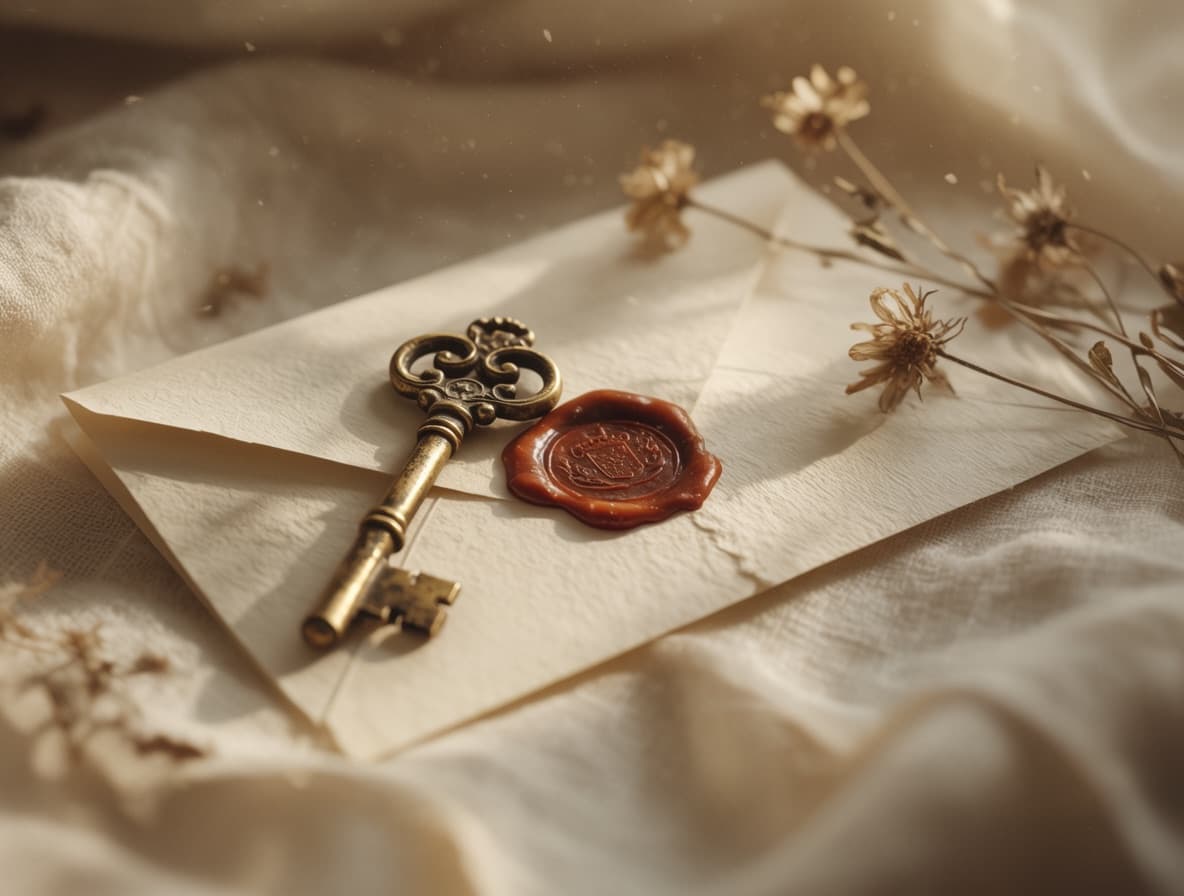 An antique brass key resting on a cream envelope sealed with burnt-sienna wax