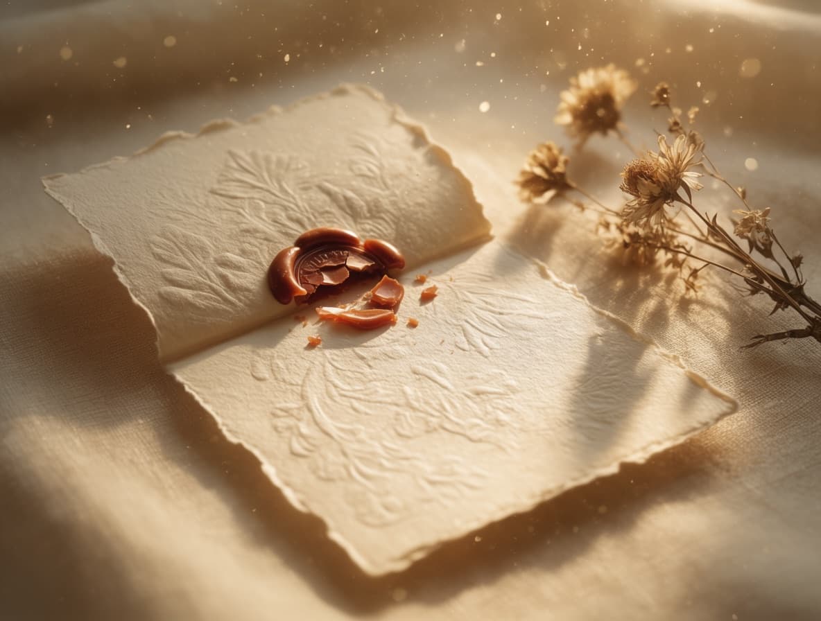 An opened letterpressed note with its wax seal broken, lying in golden light